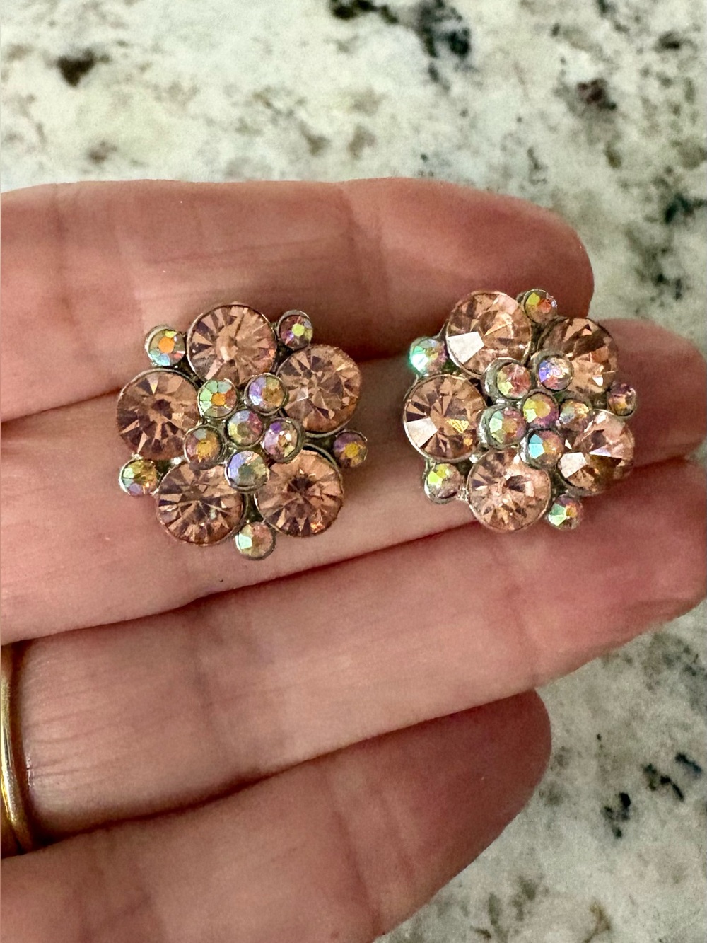 Crystal Cluster Flower Stud Earrings - Pink Gold